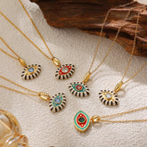 Multiple enamel evil eye necklaces displayed on neutral background for boho protection jewelry